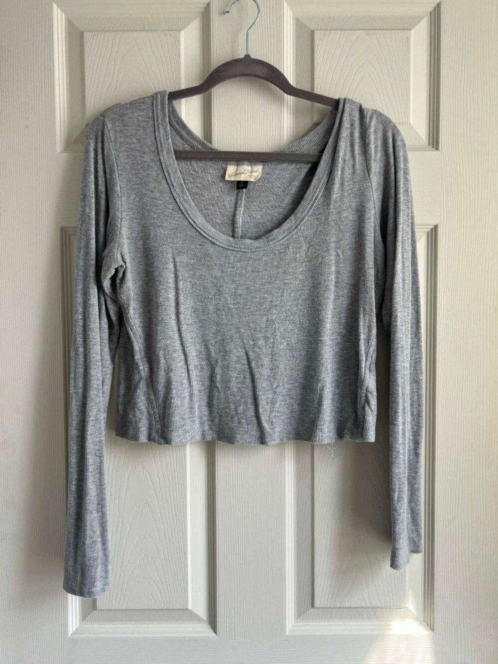 Universal Thread Ribbed Cropped Long Sleeve Top Gray XL Basic Fitted Casual